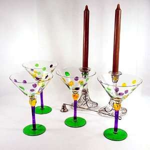  Set of 4 Glass Mardi Gras Martini Glasses with Dots 