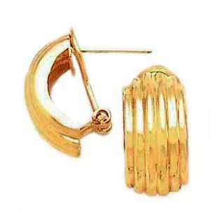  14k Gold Omega Clip Ridged Half Hoop Earrings Jewelry