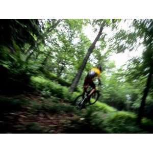  Blurred Action of Recreational Mountain Biker Riding on the Trails 