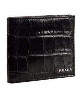 Prada black croc embossed leather bi fold wallet   