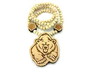 WOODEN BEAR PENDANT + 36 INCH NECKLACE CHAIN WOOD BEADED GOOD QUALITY 