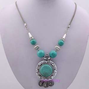 Tibet silver round 3 coin Turquoise bead chain necklace  