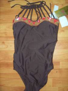 Gottex Hand Embroider Brown One Piece Bathing Suit NWT  