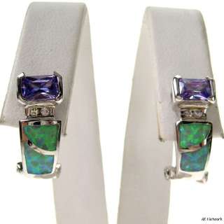 New Green Inlaid Opal Created Tanz CZ Silver Earrings  