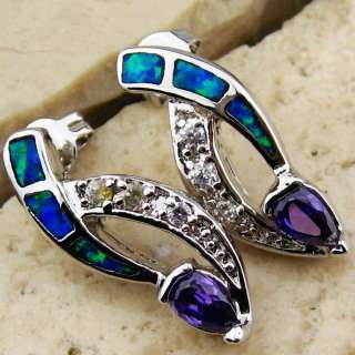 Purple Amethyst / Blue Fire Opal Silver Gemstone Stud Earrings 0.8 4g 