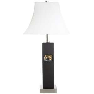   Photo Black Wood Table Lamp with White Linen Shade