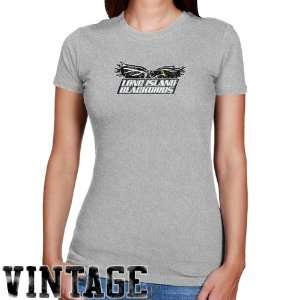 Long Island Blackbirds Ladies Ash Distressed Logo Vintage Slim Fit T 