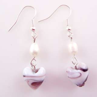   Freshwater Cultured Pearl Heart Glass Dangle Earrings Jewelry  