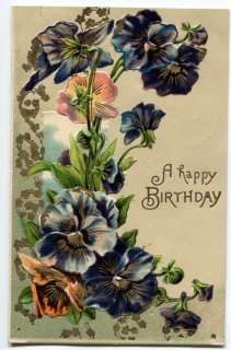 LOVELY ANTIQUE EMBOSSED BIRTHDAY POSTCARD PANSIES 1907 20512A  