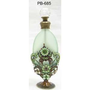  Glass Perfume Bottle Flowers & Stones Adorn Oval Shape 