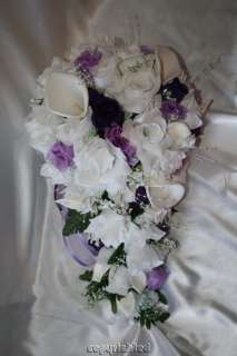 White Calla Lily Purple Rose Lavender Rose Silk Wedding Bridal Bouquet 