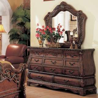   Formal Cherry Queen King Sleigh Bed Marble 4 Pc Bedroom Set  