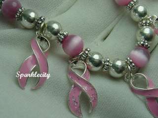 BREAST CANCER RIBBON PENDANT SLIDE & EARRING MIB free BRACELET  