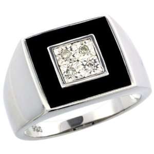 Sterling Silver Mens Onyx Square Ring w/ 0.06 Carat Brilliant Cut 
