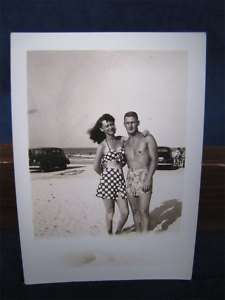 Vintage 1940 50s Photo Man & Woman Swimsuits at Beach  