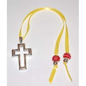 Multi ribbon Bookmark Yellow Satiny Ribbon, Red and Silver Glass 