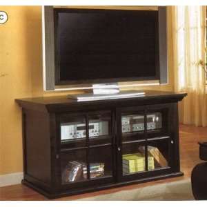   Black Transitional Media Console With Sliding Doors Furniture & Decor