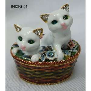   Two Kitties Cat In Basket Jewelry Trinket Box 2.5in H