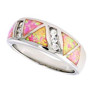  Wedding & Engagement Ring Sterling Silver, Synthetic Pink Opal Band 