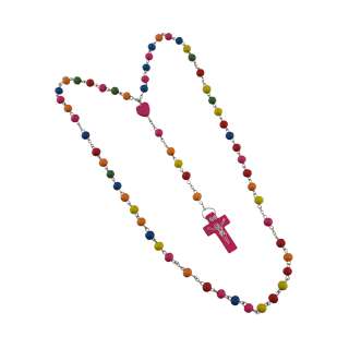 Multicolor Wooden Oval Bead Rosary Necklace 24` Catholic  
