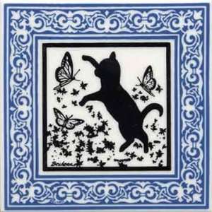 CAT TILE   CAT WALL PLAQUE   CAT TRIVETS WITH BLUE VICTORIAN BORDER 