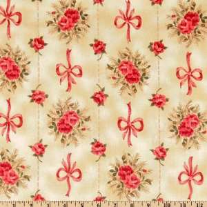  44 Wide Wallpaper Ribbons and Roses Stripe Beige/Scarlet 